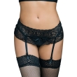 QUEEN LINGERIE – GARTER AND THONG FLORAL DESIGN BLACK S/M
